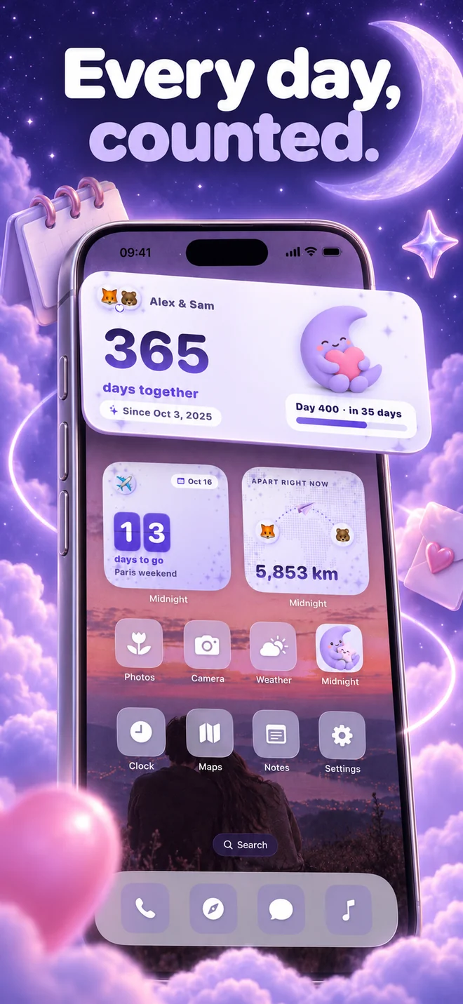 Days together anniversary widget: Every day, counted.